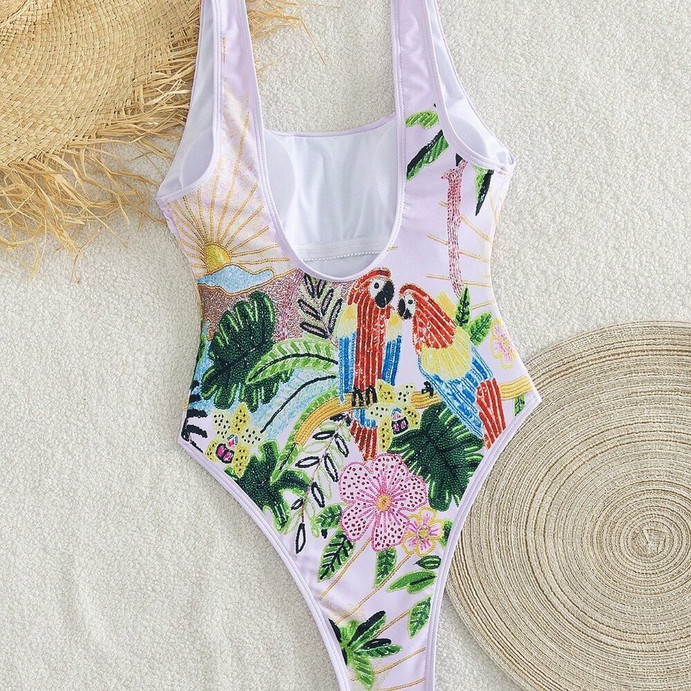 Green Cute Women's One-Piece Palm Tree Parrot Swimsuit - Picture 3 of 5